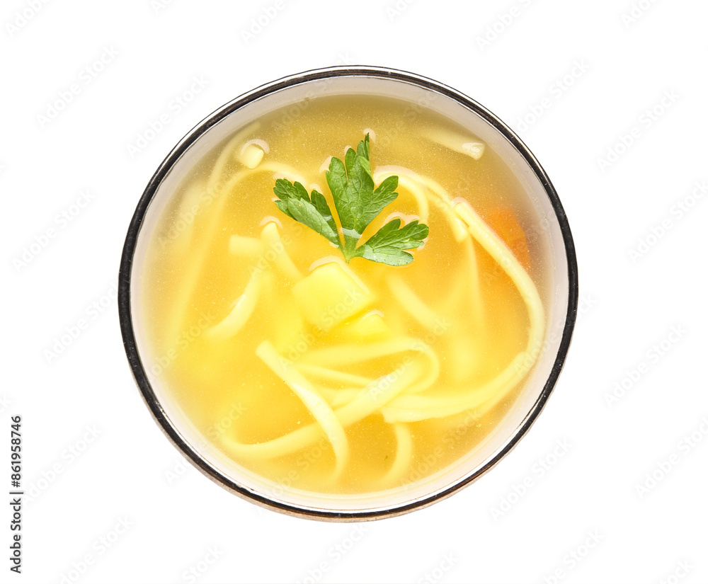 Bowl of tasty chicken soup on white background Bowl of tasty chicken soup on white background