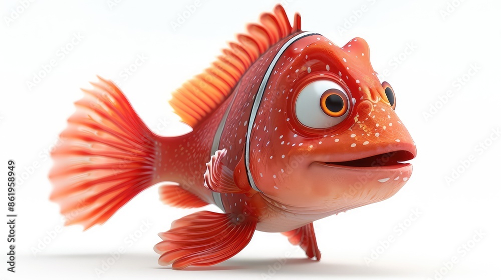 Joyful Aquatic Charm: Animated Red Fish on White Background Joyful Aquatic Charm: Animated Red Fish on White Background