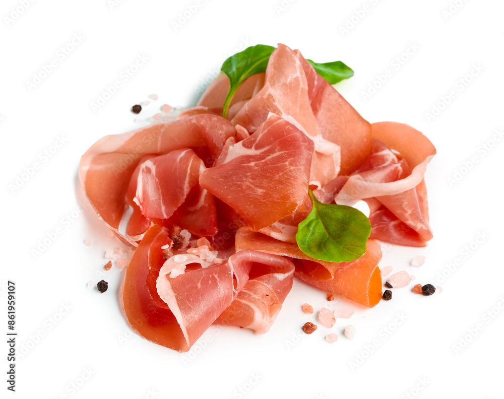 Slices of tasty prosciutto with basil on white background Slices of tasty prosciutto with basil on white background