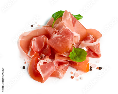 Papier peint Slices of tasty prosciutto with basil on white background