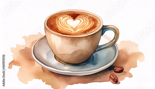 Illustration einer gemalte Tasse Kaffee mit Latteart aquarell	 photo