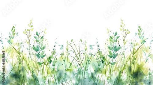Watercolor painting green grass border isolated on white background  © Ziyan