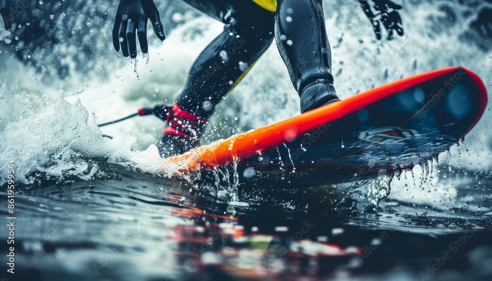 Naklejka premium Surfer close up falling off board into foamy wave action shot capturing dramatic moment