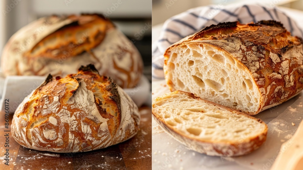 Artisanal sourdough bread freshly baked at home, with a close-up of the sliced loaf's texture. Artisanal sourdough bread freshly baked at home, with a close-up of the sliced loaf's texture.