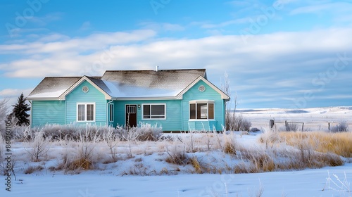 home adorned with vinyl siding in a light sky blue, standing vibrant and undamaged amidst a frosty landscape © Abdul