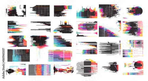 Digital noise elements cartoon vector set. Decay rectangles stripes pixel geometric swarm glitch error screen texture tv signal glitches isolated on white background