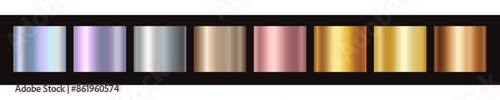 Gold rose, silver, bronze, copper, holographic and golden foil texture gradation background set. Vector shiny and metalic gradient collection for border, frame, ribbon, label design