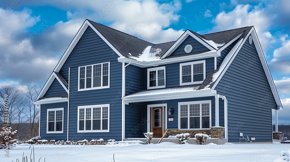 home featuring vinyl siding in a deep ocean blue, standing out against a winter wonderland backdrop, emphasizing its bold and durable qualities home featuring vinyl siding in a deep ocean blue, standing out against a winter wonderland backdrop, emphasizing its bold and durable qualities