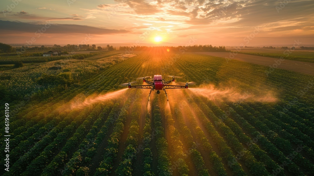 Precision Spraying technology concept of smart farm or smart agriculture, Precision Spraying drone at corn field or maize field in the morning sunrise. Precision Spraying technology concept of smart farm or smart agriculture, Precision Spraying drone at corn field or maize field in the morning sunrise.