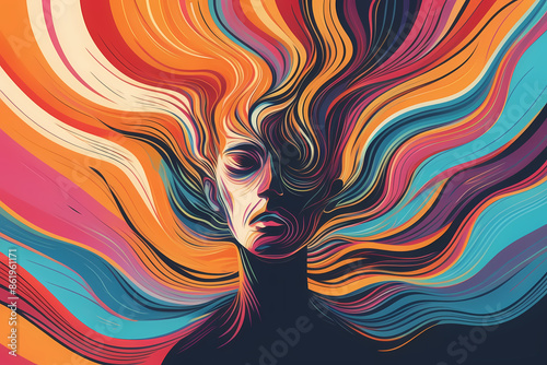 surreal illustration depicting a person's silhouette with a chaotic swirl of thoughts, symbols, and emotions emanating from their head, representing various mental health challenges. © OzCam