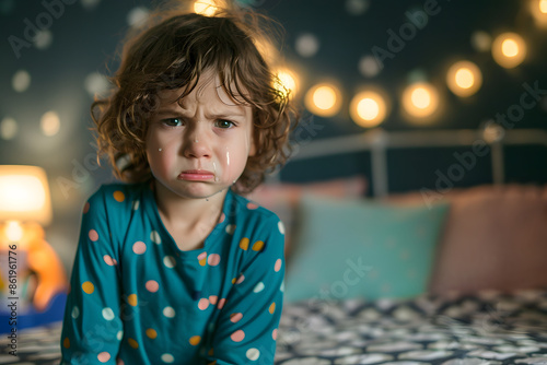 Child with tears of anger streaming down their face in bedroom.