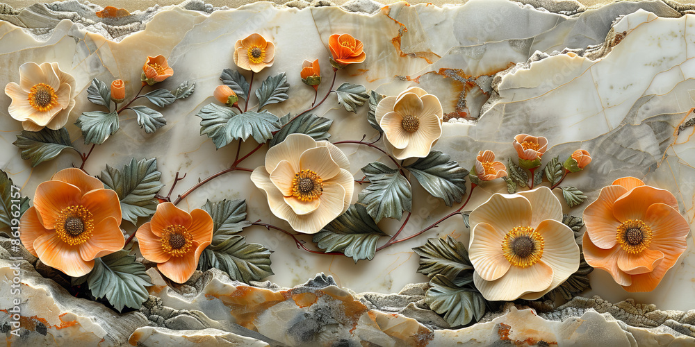Fototapeta premium panel wall art, wall decoration, marble background with flowers designs