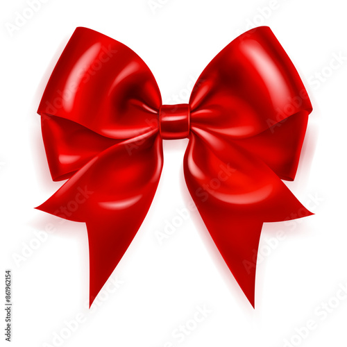 Beautiful large bow made of red ribbon with soft shadow on white background. Vector illustration for design projects and creative works.