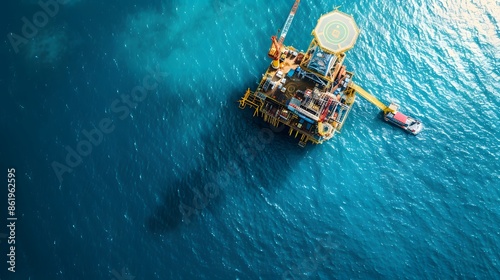 Panoramic aerial view from a drone of an offshore jack up rig at the offshore location during day time