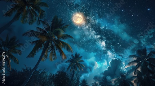 Starry Serenity: Majestic Palms Beneath a Luminous Moon © Максим Рудько