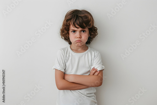 A child with crossed arms and a scowl standing.