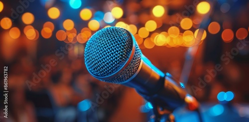 Close Up Of A Microphone On A Stage With Blurred Lights In The Background