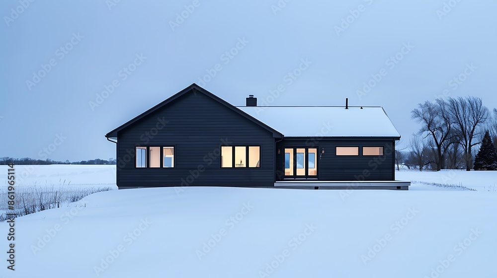 panoramic shot of a house clad in vinyl siding in a striking midnight black, with a sharp contrast against the white snowy landscape panoramic shot of a house clad in vinyl siding in a striking midnight black, with a sharp contrast against the white snowy landscape