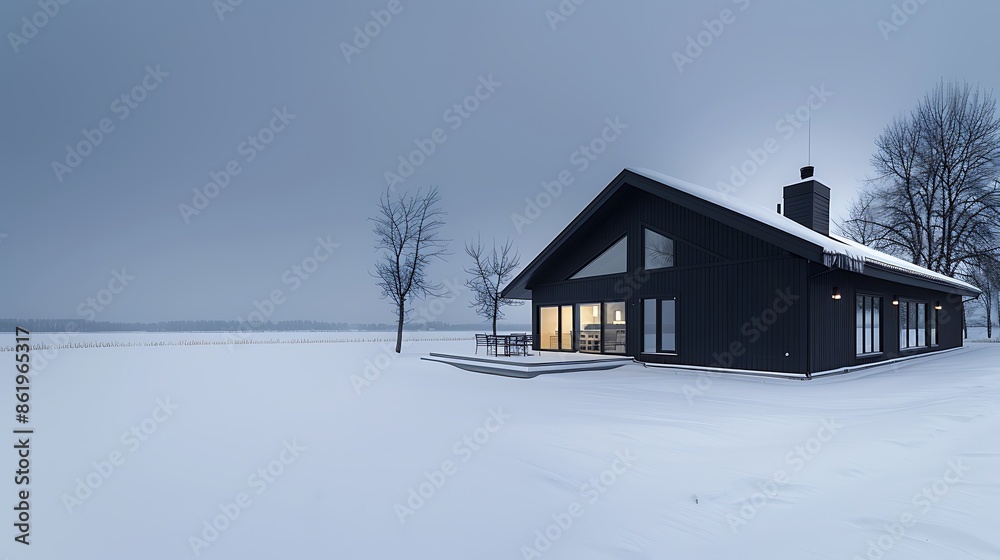 panoramic shot of a house clad in vinyl siding in a striking midnight black, with a sharp contrast against the white snowy landscape panoramic shot of a house clad in vinyl siding in a striking midnight black, with a sharp contrast against the white snowy landscape