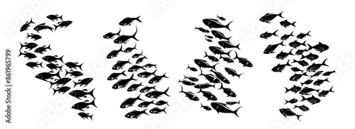 Fish schools black silhouettes vector set. Flock fins group underwater ocean sea gathering swim reservoir crowd together inhabitants, illustration isolated on white background