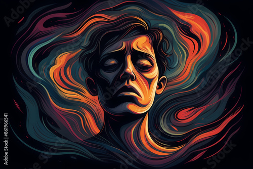 surreal illustration depicting a person's silhouette with a chaotic swirl of thoughts, symbols, and emotions emanating from their head, representing various mental health challenges.