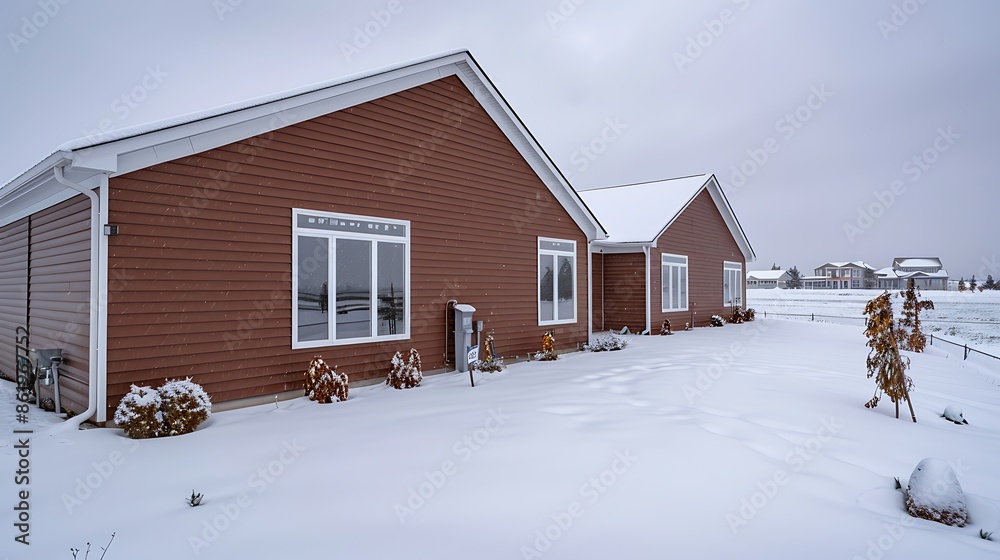 panoramic view of a home clad in luxurious cinnamon brown vinyl siding, perfectly complementing the snowy surroundings and cold gray skies panoramic view of a home clad in luxurious cinnamon brown vinyl siding, perfectly complementing the snowy surroundings and cold gray skies