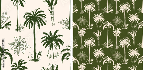 Palm Tree Tropical Green Seamless Vector Pattern Hand Drawn Illustration Botanical Boho