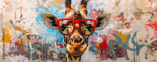Giraffe with red glasses in colorful graffiti background, urban art. Humorous animal portrait concept