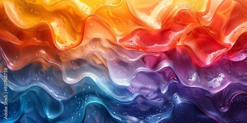 Colorful abstract waves with water droplets, creating a vivid and dynamic composition. Bright and vibrant design