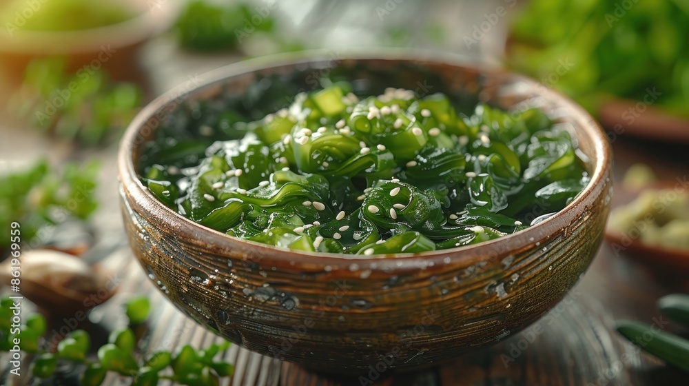 Bowl of Green Seaweed Salad with Sesame Seeds Bowl of Green Seaweed Salad with Sesame Seeds