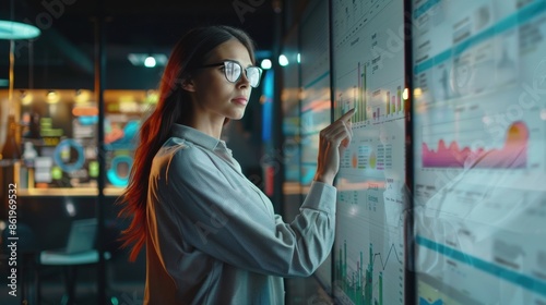 Businesswoman analyzing data on digital touchscreen in modern office, focused on business analytics and technology.