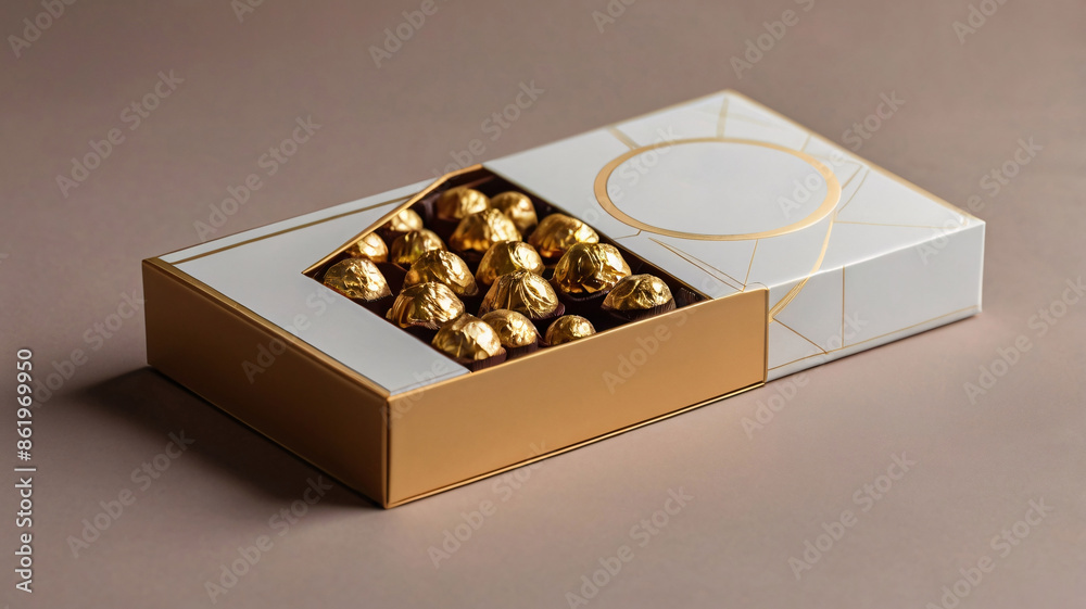 Premium chocolate box mockup, elegant rectangular box with a luxurious matte finish, gold foil logo and ribbon detail, high-resolution 3D render with realistic textures and shadows, top and side views Premium chocolate box mockup, elegant rectangular box with a luxurious matte finish, gold foil logo and ribbon detail, high-resolution 3D render with realistic textures and shadows, top and side views