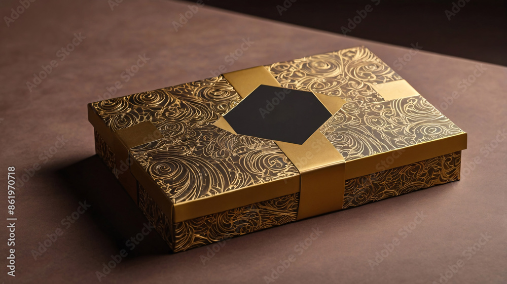 Fototapeta premium Premium chocolate box mockup, elegant rectangular box with a luxurious matte finish, gold foil logo and ribbon detail, high-resolution 3D render with realistic textures and shadows, top and side views