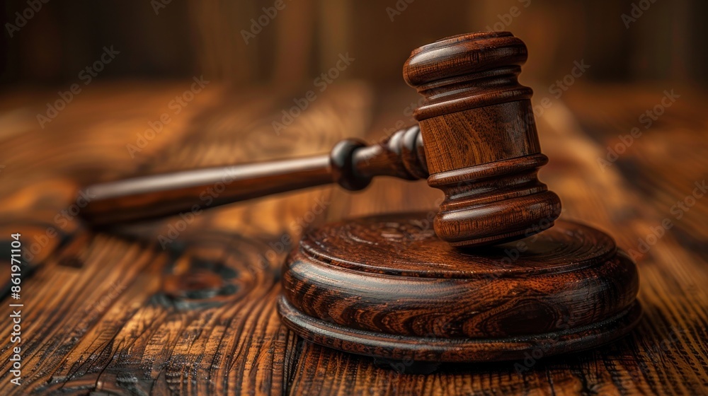 Wooden Gavel on a Rustic Table Wooden Gavel on a Rustic Table