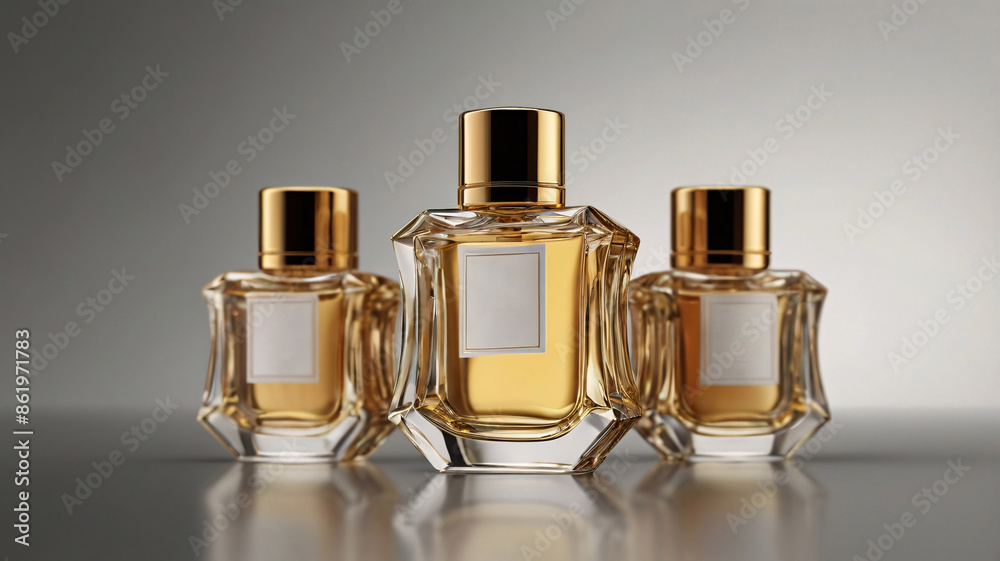 Elegant perfume bottle mockup, sleek design with a crystal-clear glass body and a metallic gold cap Elegant perfume bottle mockup, sleek design with a crystal-clear glass body and a metallic gold cap