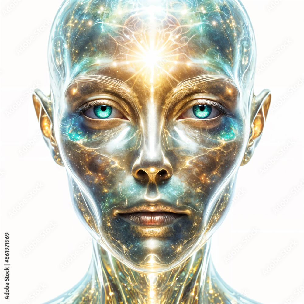 Close-up of a humanoid head with a glowing, starry texture on its face, giving it an otherworldly appearance. Close-up of a humanoid head with a glowing, starry texture on its face, giving it an otherworldly appearance.