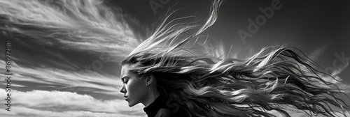 Standing against the wind her hair a wild and unruly mane. Black and white art photo