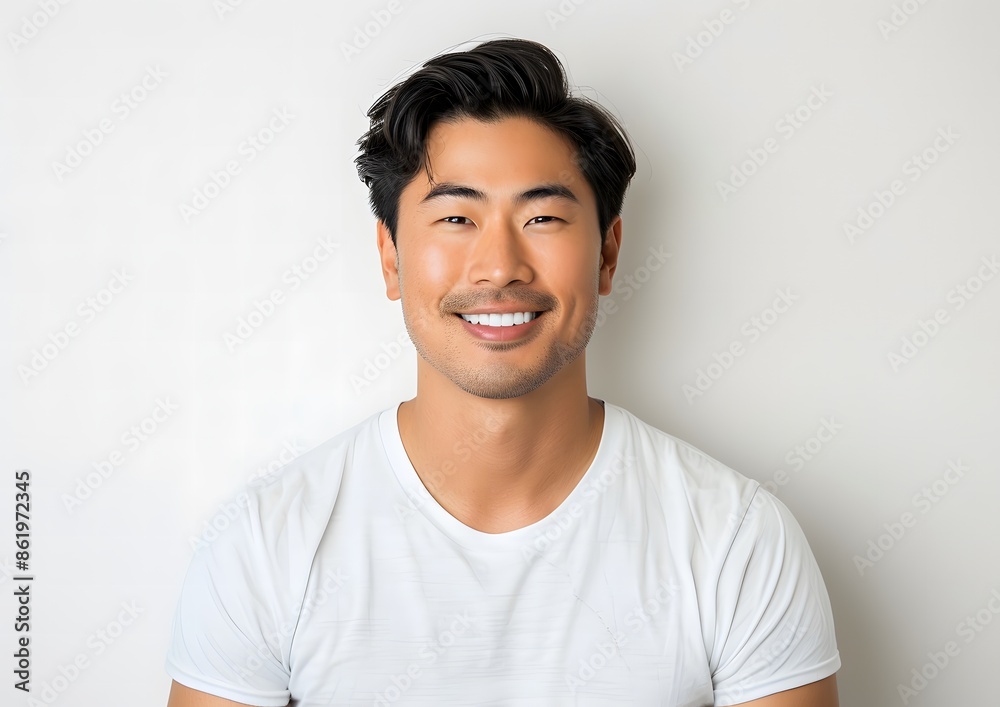 Smiling Asian Man in Casual T-Shirt on White Background Smiling Asian Man in Casual T-Shirt on White Background