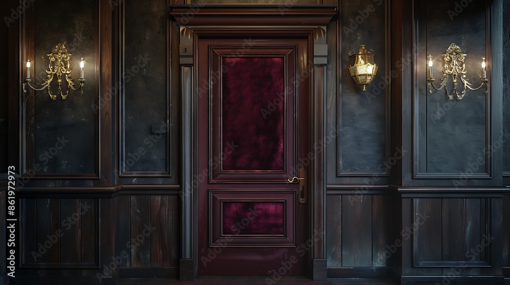 rich burgundy door with a velvet-like texture, set within a dark wood frame and flanked by antique brass sconces rich burgundy door with a velvet-like texture, set within a dark wood frame and flanked by antique brass sconces