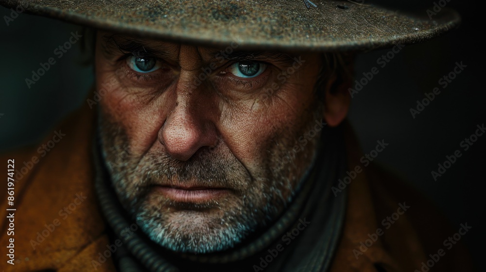Man wearing a hat and scarf looking at the camera, Portrait Man wearing a hat and scarf looking at the camera, Portrait