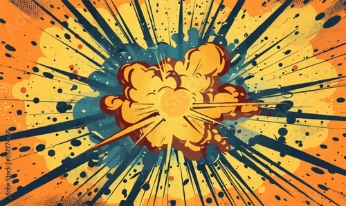 A cartoonish explosion with a yellow and blue background