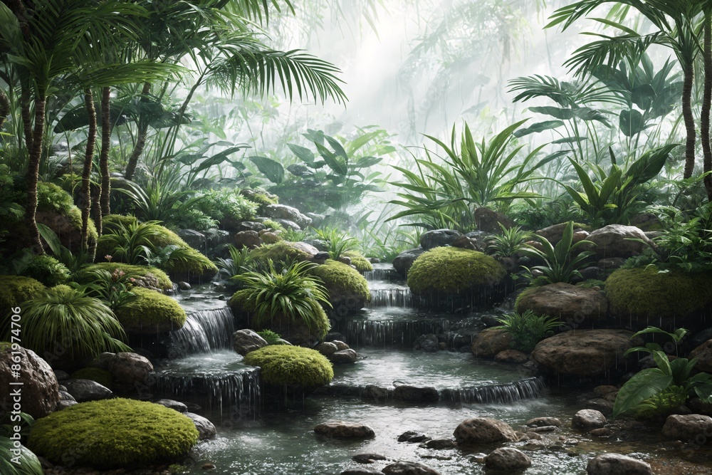 A beautiful tropical jungle waterfall surrounded by lush greenery