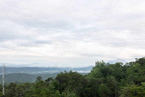 Beautiful landscape in the mountains on a cloudy summer day. Sunrise in the mountains. Bald Rock, Great Smoky Mountain National Park, South Carolina, USA.