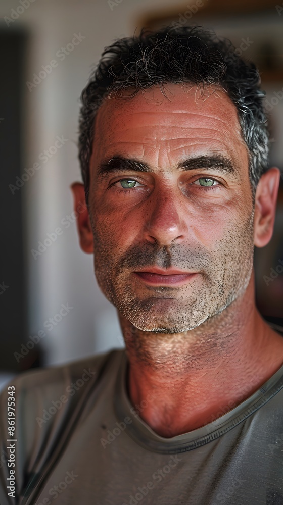Fototapeta premium Smiling Israeli Man at Home with Green Eyes and Natural Light