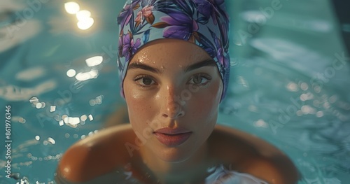 Woman in Floral Swim Cap Emerging From Pool Water