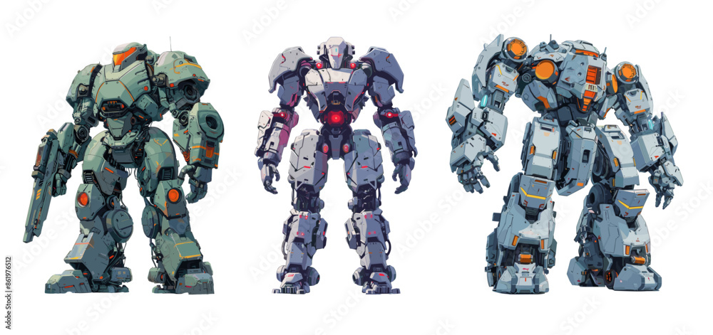 Mechanical robot cartoon vector illustration. Defender steel armor halo blaster cyborg suit exoskeleton future cyber character soldier, isolated concepts on white background