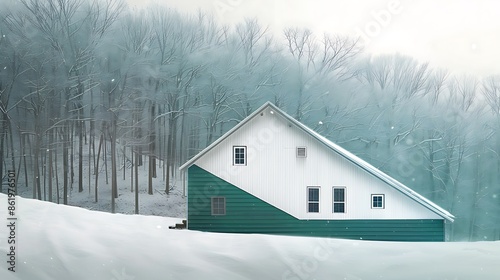 surreal artwork of a house where the vinyl siding shifts from deep forest green at the base to snowy white at the peak, blending seamlessly with the winter landscape
