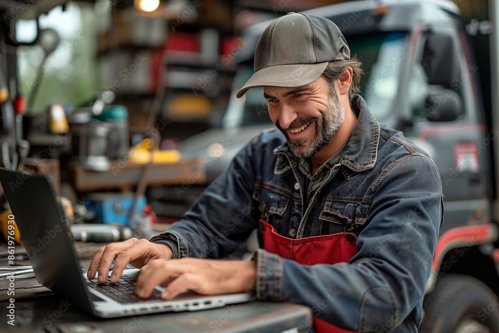 photo of mechanic with laptop at truck workshop photo of mechanic with laptop at truck workshop