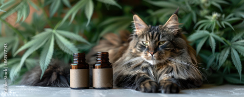 Cat Resting Beside a Jar of CBD Treats High Resolution Photorealistic Image of Cat with CBD Treats for Ultimate Relaxation and Wellness, Perfect for Pet Lovers and Natural Remedies photo