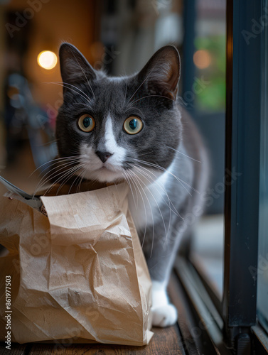 Curious Cat Exploring a Bag of CBD Treats High Resolution, Photorealistic, Investigating Feline Exploration of CBD in a Super Detailed Image photo